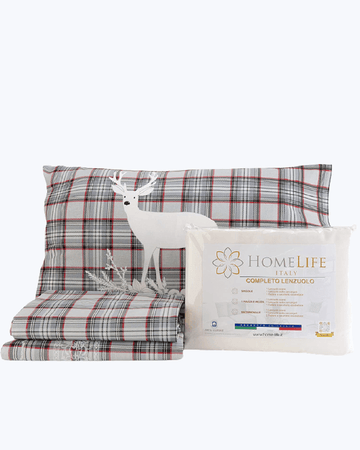 Set Lenzuola Letto in Cotone Made in Italy - Completo Letto Tartan con Cervi Cervi Grigio